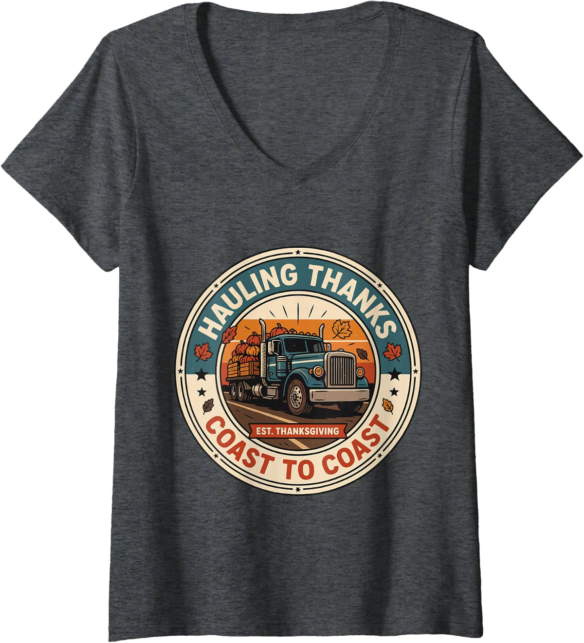 Women's Thanksgiving Truck Driver V-Neck T-Shirt - Dark Heather Grey