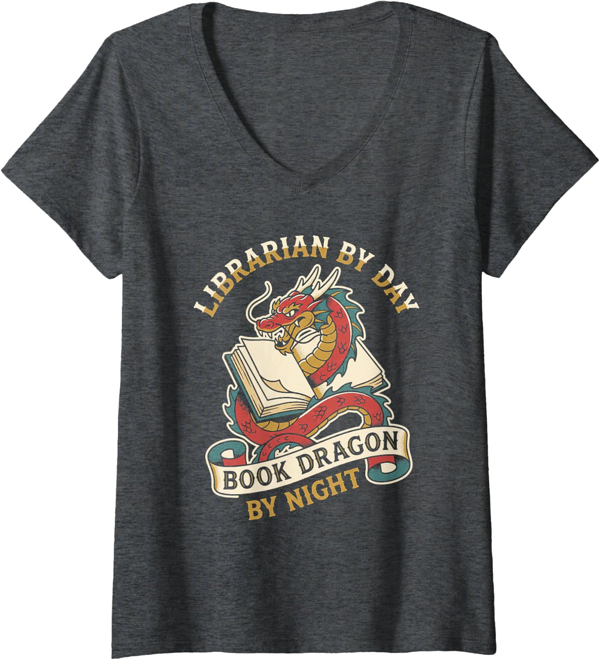 Women's Book Dragon Librarian Fantasy Reader Library V-Neck T-Shirt - Dark Heather Grey