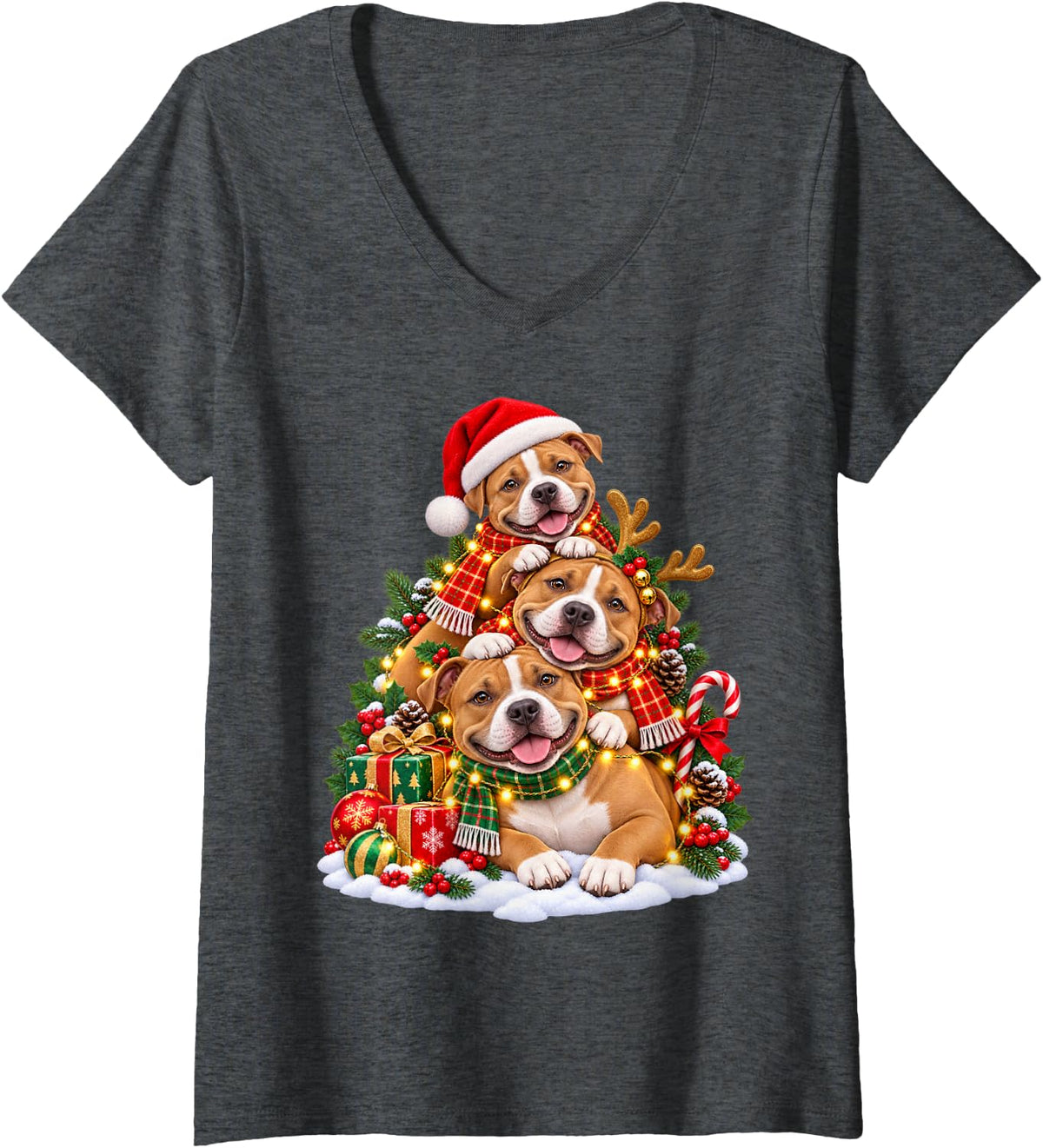 Women's Playful Pitbull Holiday Animal Lover Graphic V-Neck T-Shirt - Dark Heather Grey