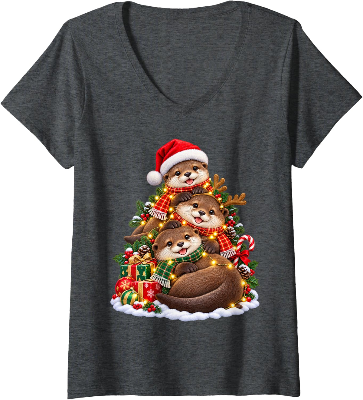 Women's Cheerful Otter Holiday Animal Lover Graphic V-Neck T-Shirt - Dark Heather Grey
