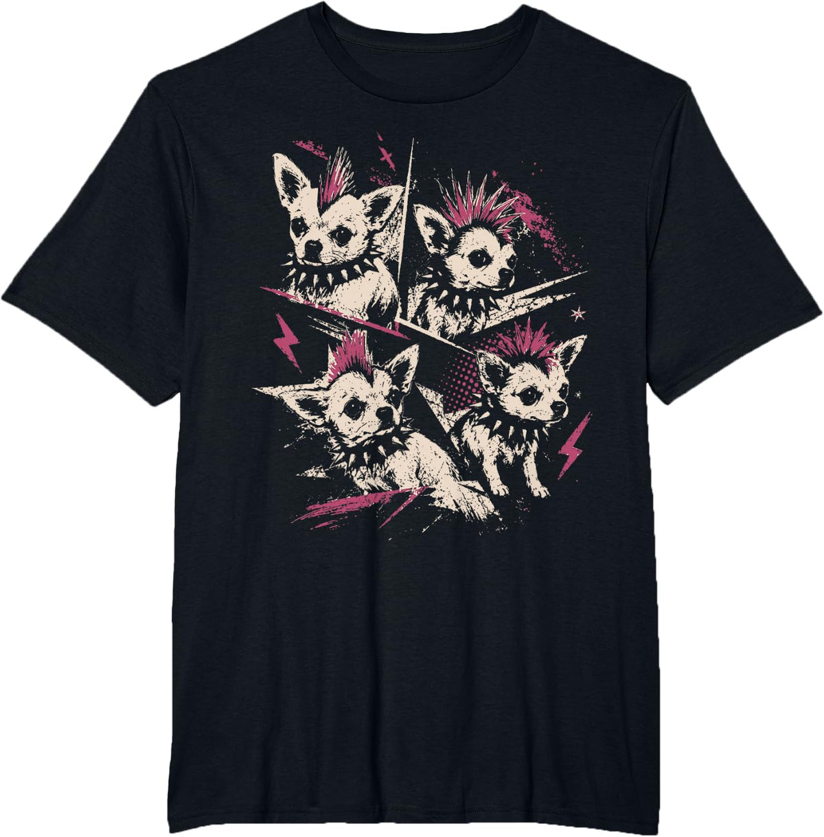 Vintage Punk Chihuahua Rock Chihuahua Mohawk Spiked Collar T-Shirt - Black