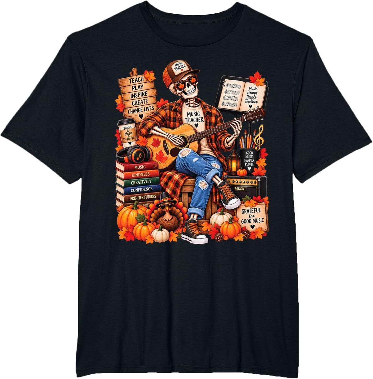 Autumn Thankful Music Teacher Skeleton Thanksgiving Turkey T-Shirt - Black