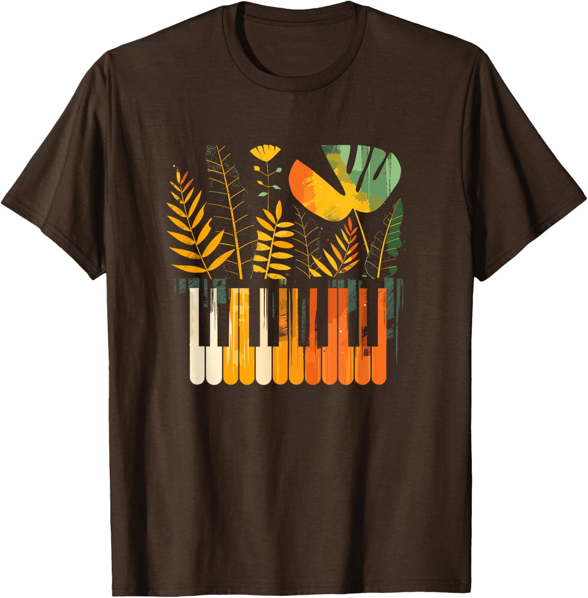 Piano Keys Botanical Plants Boho Pianist Music Art T-Shirt - Brown