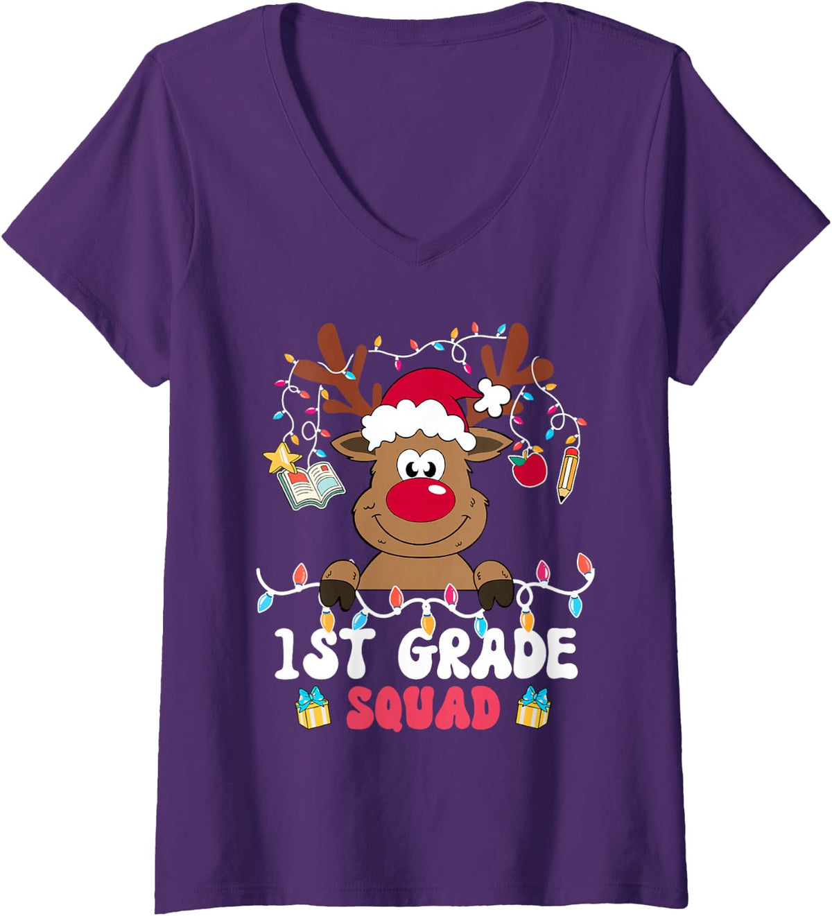 Women's 1st Grade Squad Reindeer Christmas First Grade Teacher Xmas V-Neck T-Shirt - Purple
