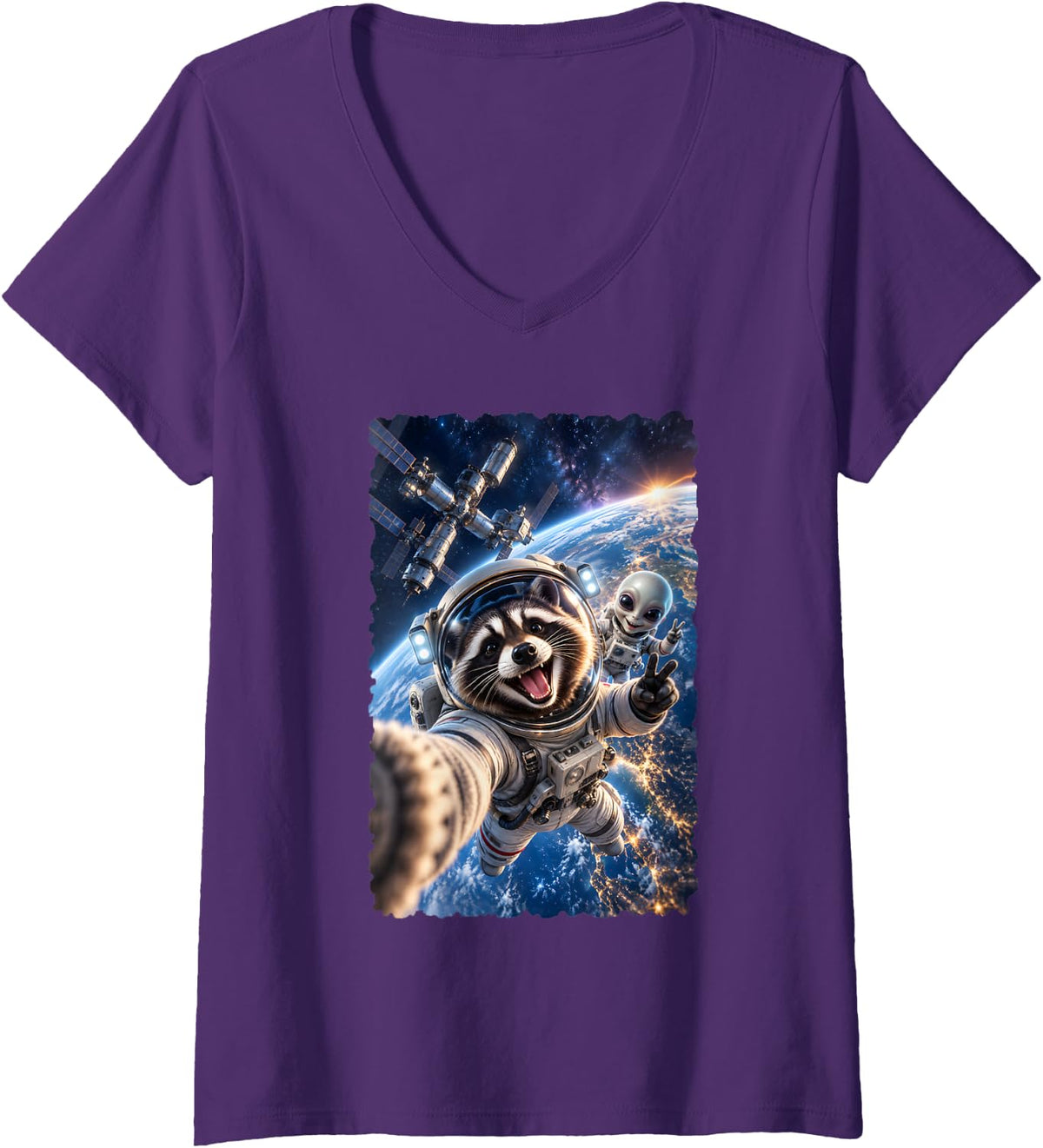 Women's Astronaut Raccoon Selfie with Alien Friend in Orbit V-Neck T-Shirt - Purple