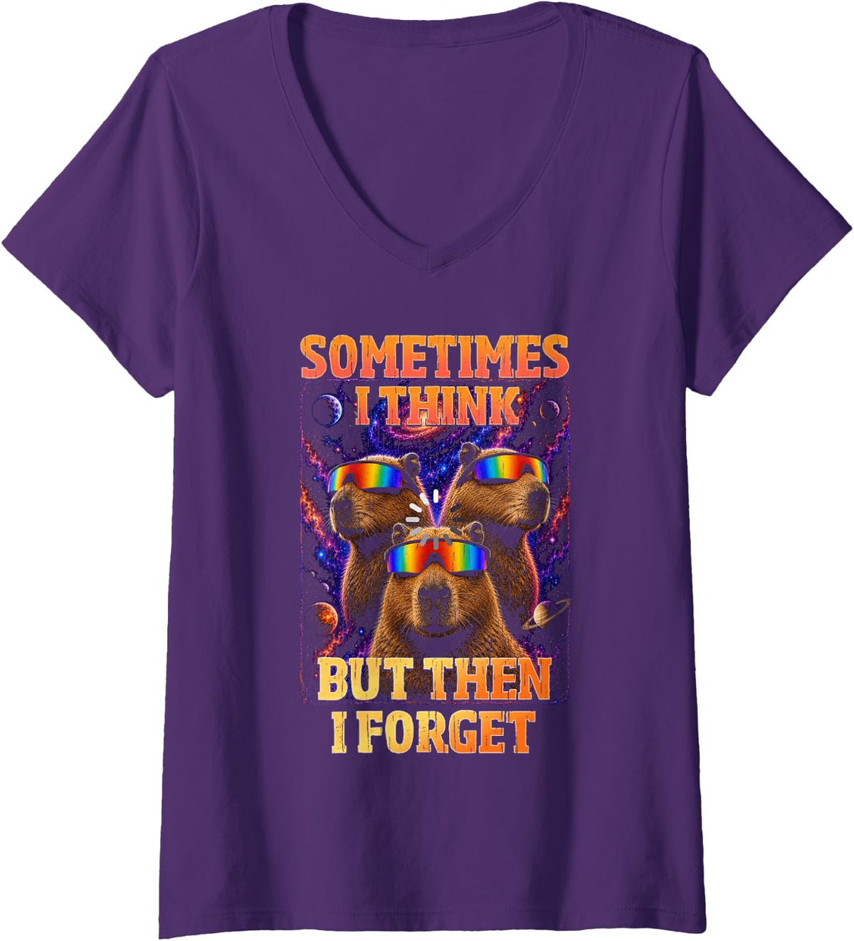Women's Sometimes I Think Funny Capybara Bootleg Galaxy V-Neck T-Shirt - Purple