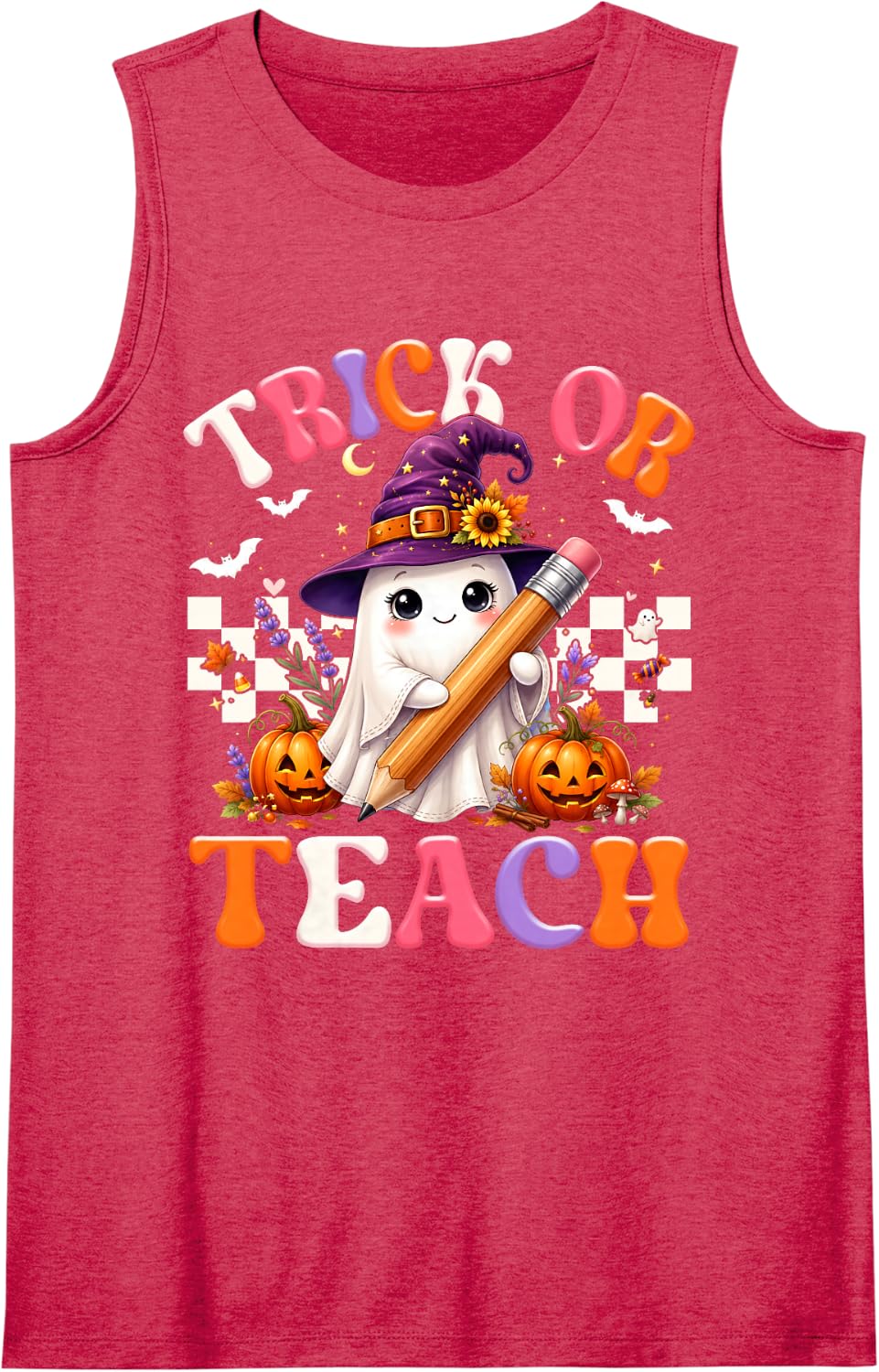 Trick Or Teach Groovy Teacher Ghost Floral Halloween Costume Sleeveless Tank Top - Red
