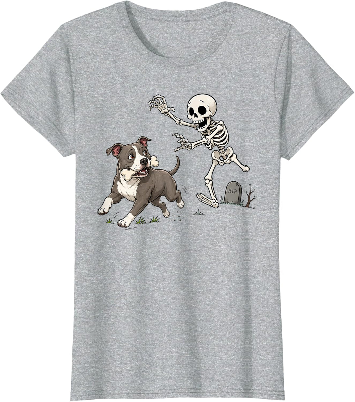 Halloween Pitbull Skeleton Chasing Dog Lover Spooky Season T-Shirt - Heather Grey