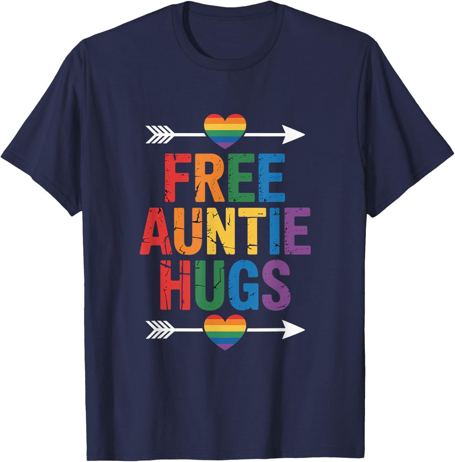 Free Auntie Hugs LGBTQ Gay Pride T-Shirt - Navy Blue