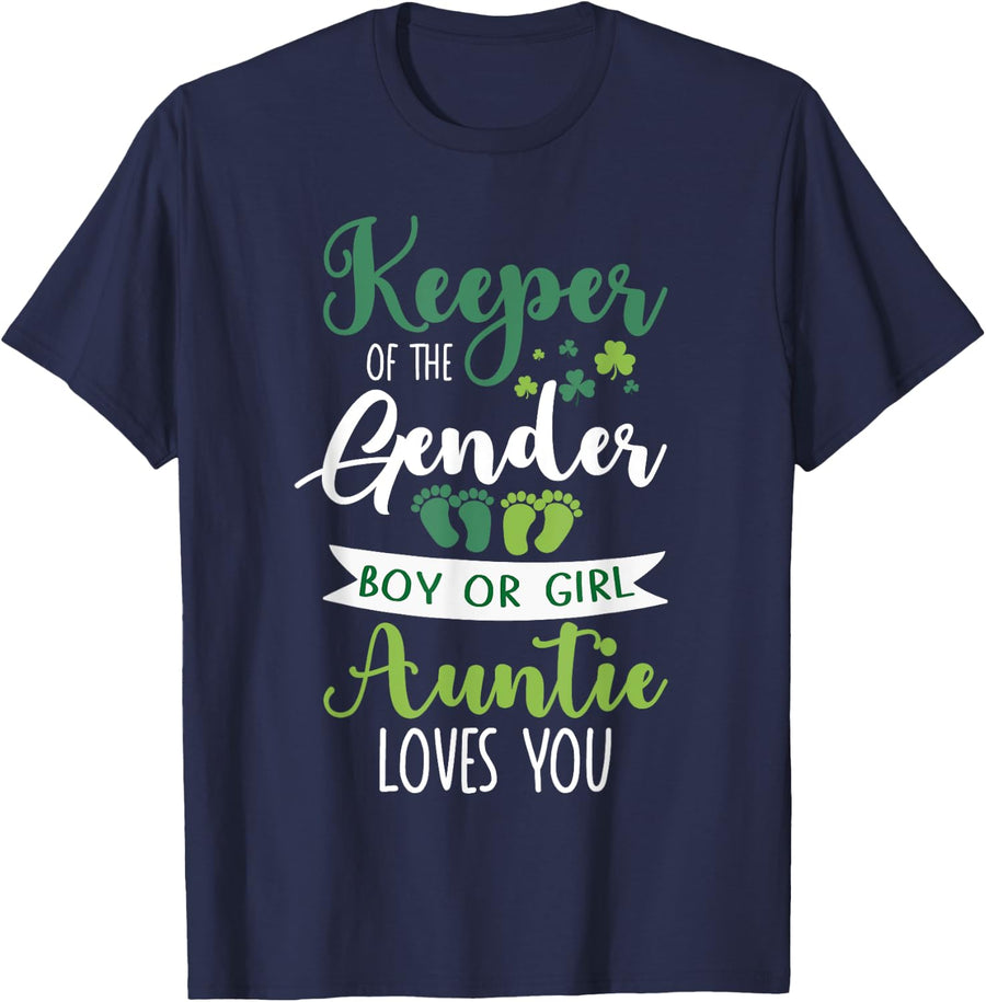 St Patricks Day Gender Reveal Keeper Of The Gender Auntie T-Shirt - Navy Blue