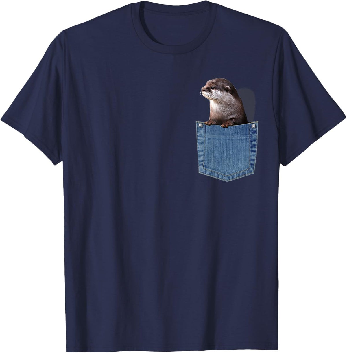 Cute Otter Pocket Peeking Pocket Funny Otter T-Shirt - Navy Blue