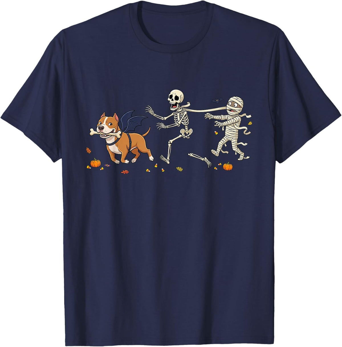 Funny Pitbull Skeleton Mummy Halloween Kids Mens Womens T-Shirt - Navy Blue