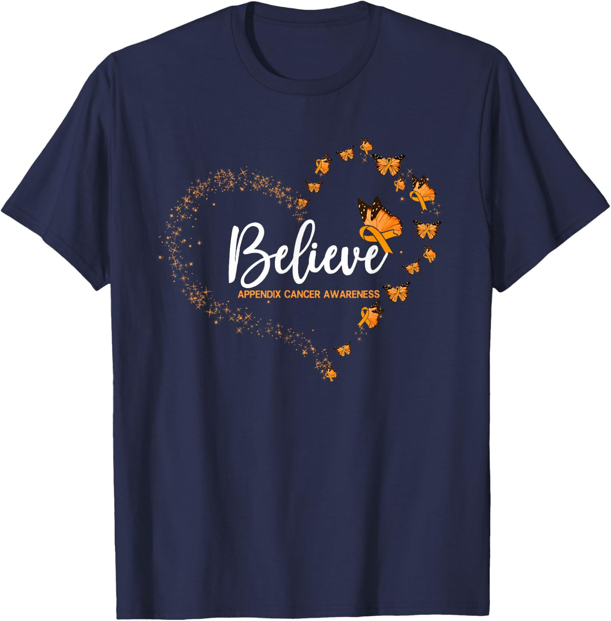Appendix Cancer Awareness Butterfly Believe T-Shirt - Navy Blue