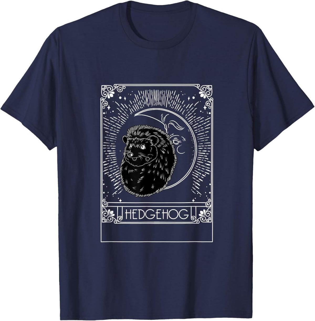 Tarot Card Crescent Moon Hedgehog Graphic T-Shirt - Navy Blue