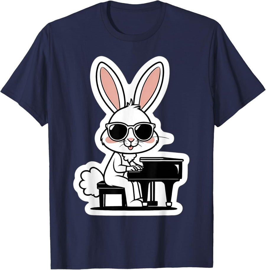 Easter Bunny Rabbit Playing Piano Player Pianist Teacher T-Shirt - Navy Blue