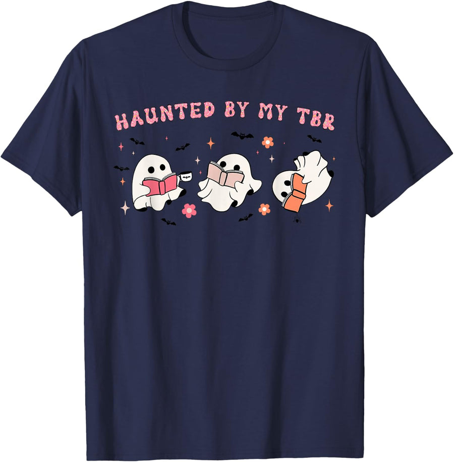 Haunted By My TBR, To Be Read Funny Halloween Book Lover T-Shirt - Navy Blue
