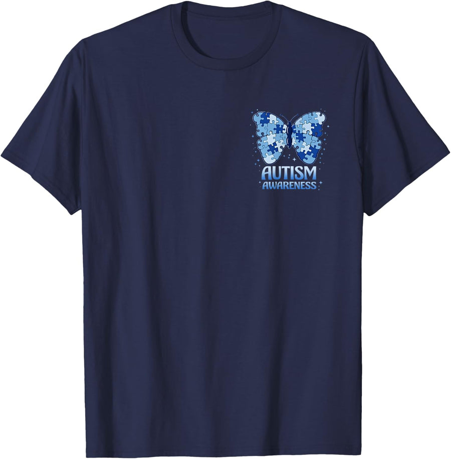 I Wear Blue for Autism Awareness Support Butterfly Puzzle T-Shirt - Navy Blue