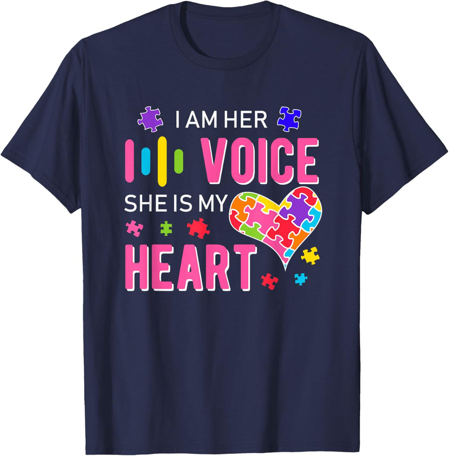 I Am Her Voice She Is My Heart Autism Awareness T-Shirt - Navy Blue