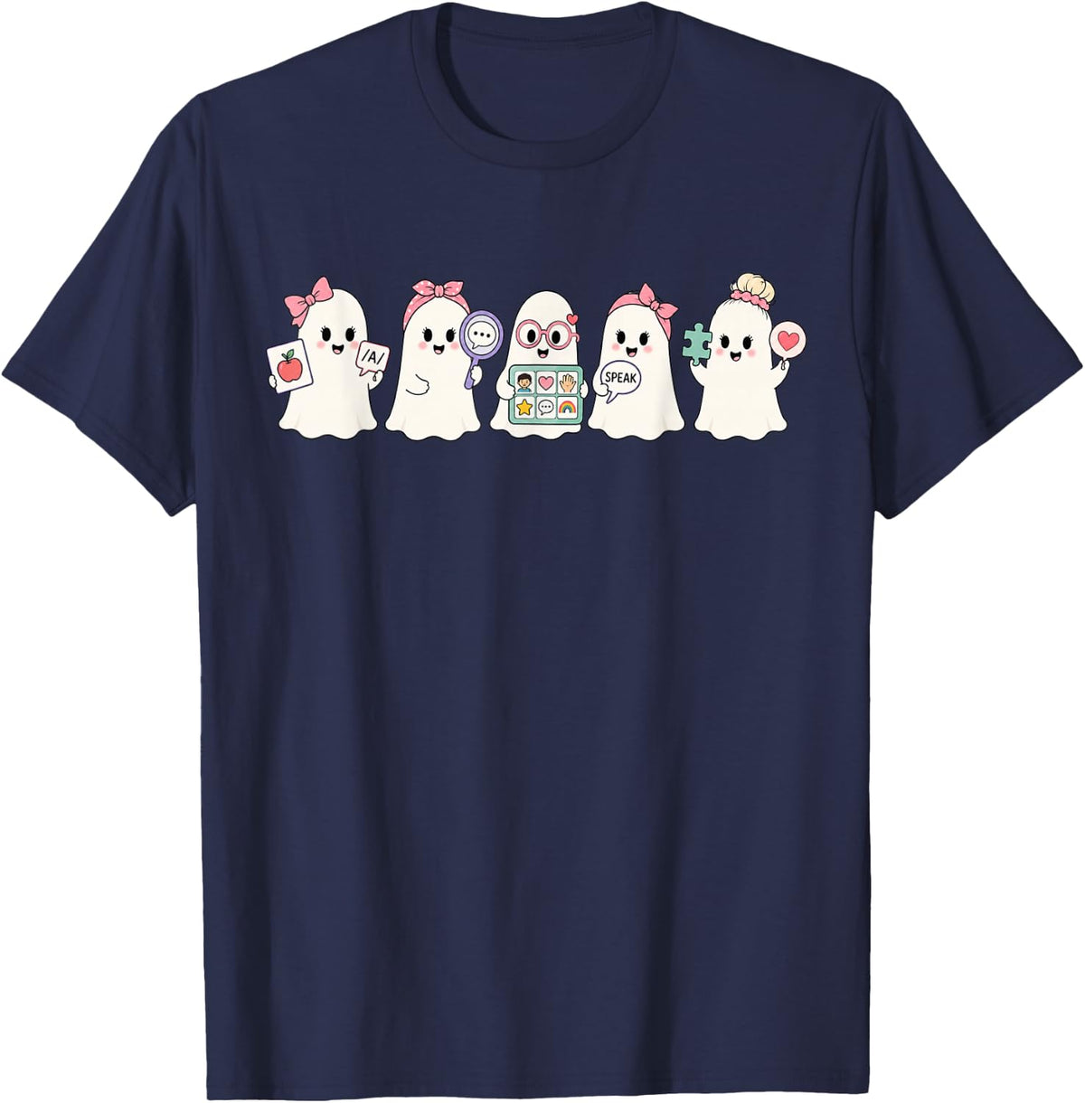 Halloween Speech Therapy Ghost SLP Pathologist Girls Women T-Shirt - Navy Blue