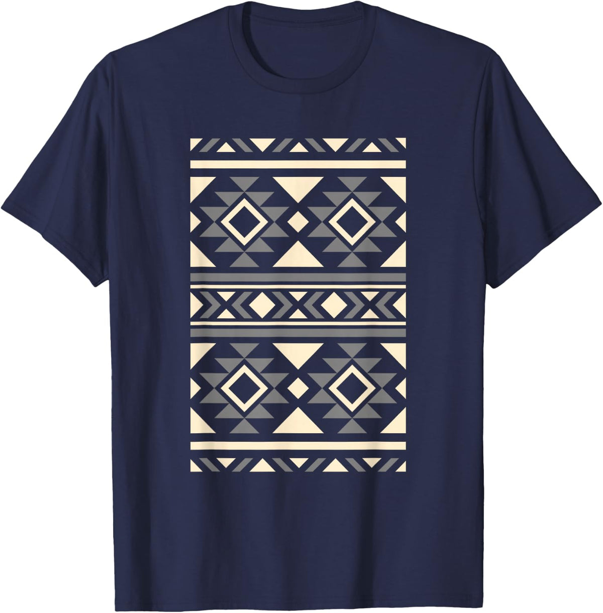 Aztec Southwest Santa Fe Native Geometric Pattern T-Shirt - Navy Blue