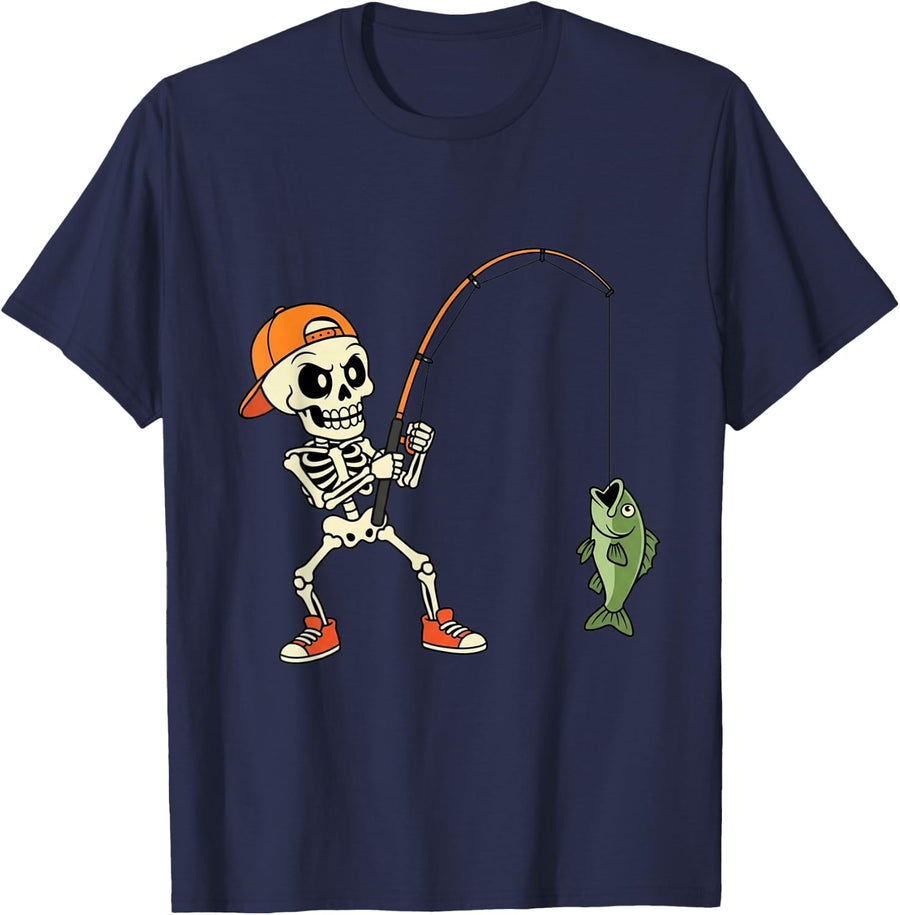 Funny Halloween Skeleton Bass Fishing Fisherman Spooky T-Shirt - Navy Blue
