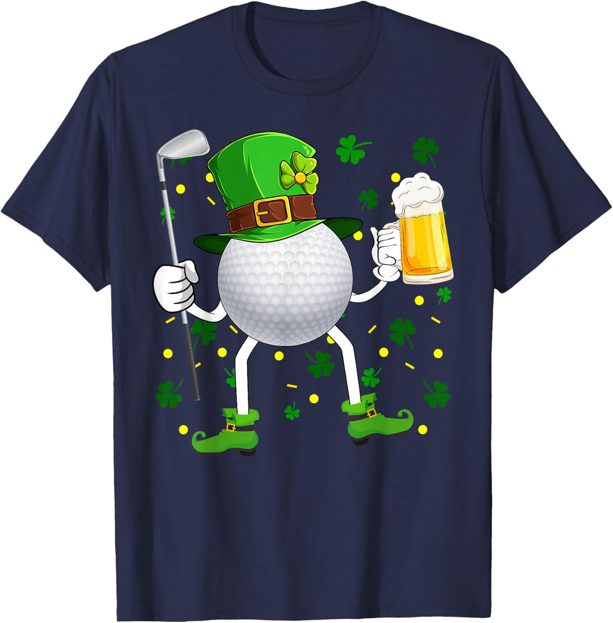 Golf Ball Drinking Beer Leprechaun Hat St. Patricks Day T-Shirt - Navy Blue