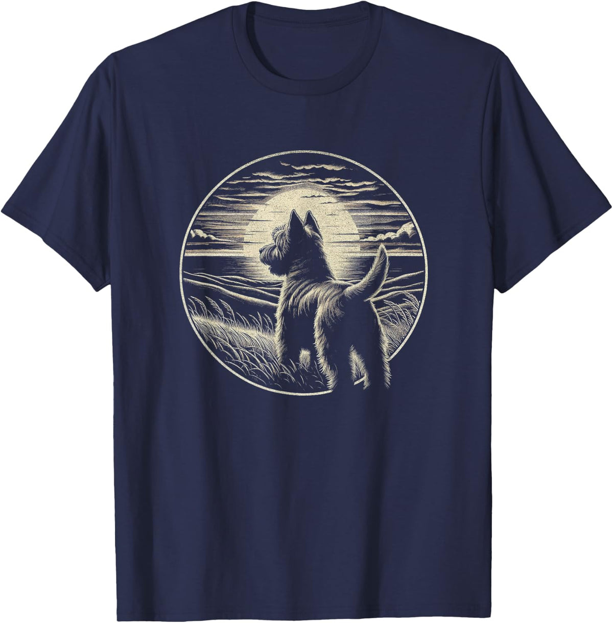 Vintage Cairn Terrier Dog Retro Sunset Scene Art Design T-Shirt Tee for Dog Lovers - Navy Blue