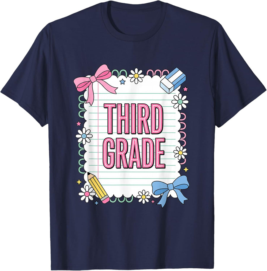 Third Grade Back to School Girls Cute Bow Daisy Student T-Shirt - Navy Blue