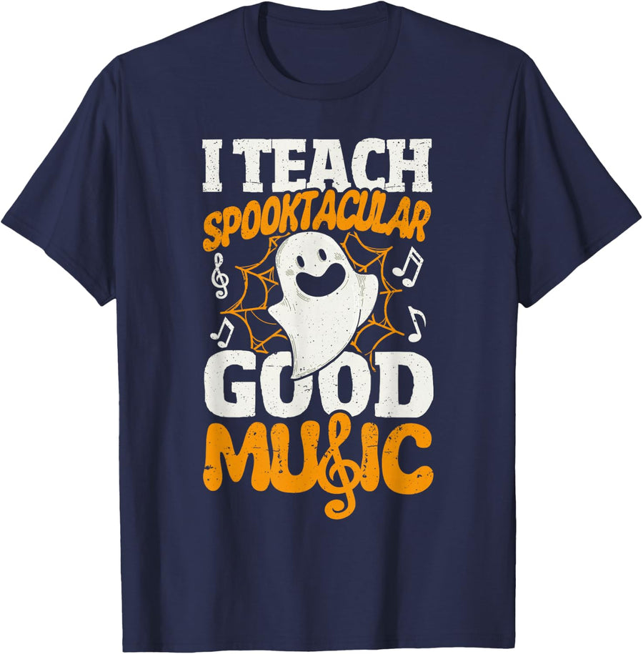 I Teach Spooktacular Good Music Teacher Halloween Ghost T-Shirt - Navy Blue
