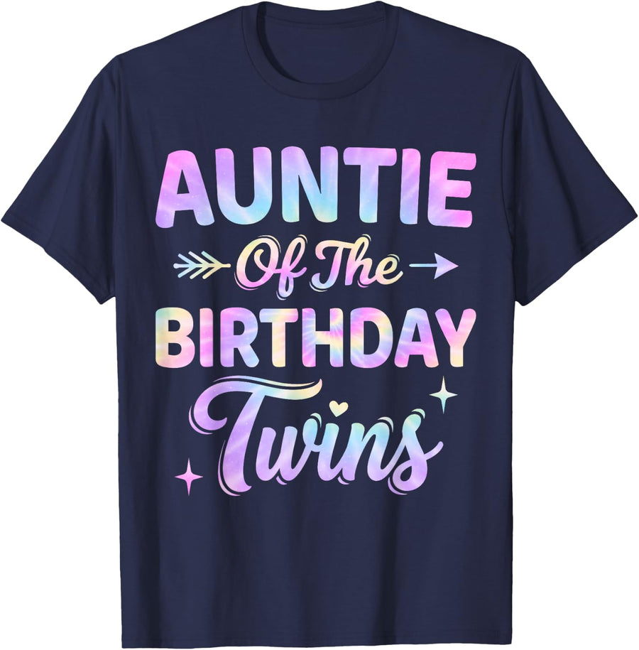 Auntie of The Birthday Twins Tie Dye Colorful Birthday T-Shirt - Navy Blue