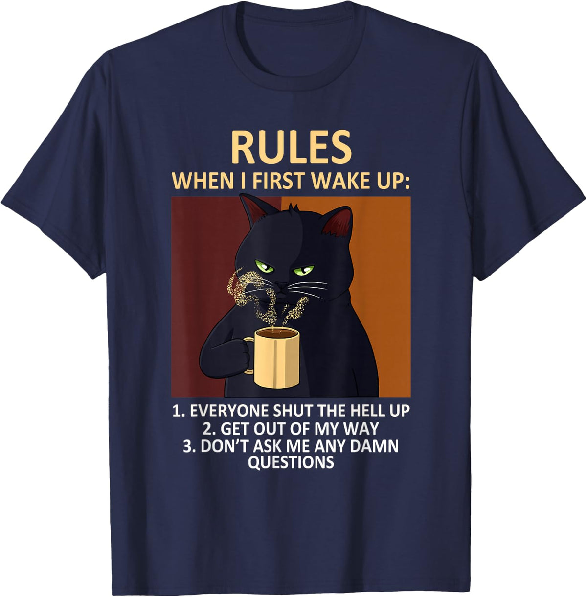 Cat Drinking Coffee Kitten Lover Funny Rules Pet Owner T-Shirt - Navy Blue