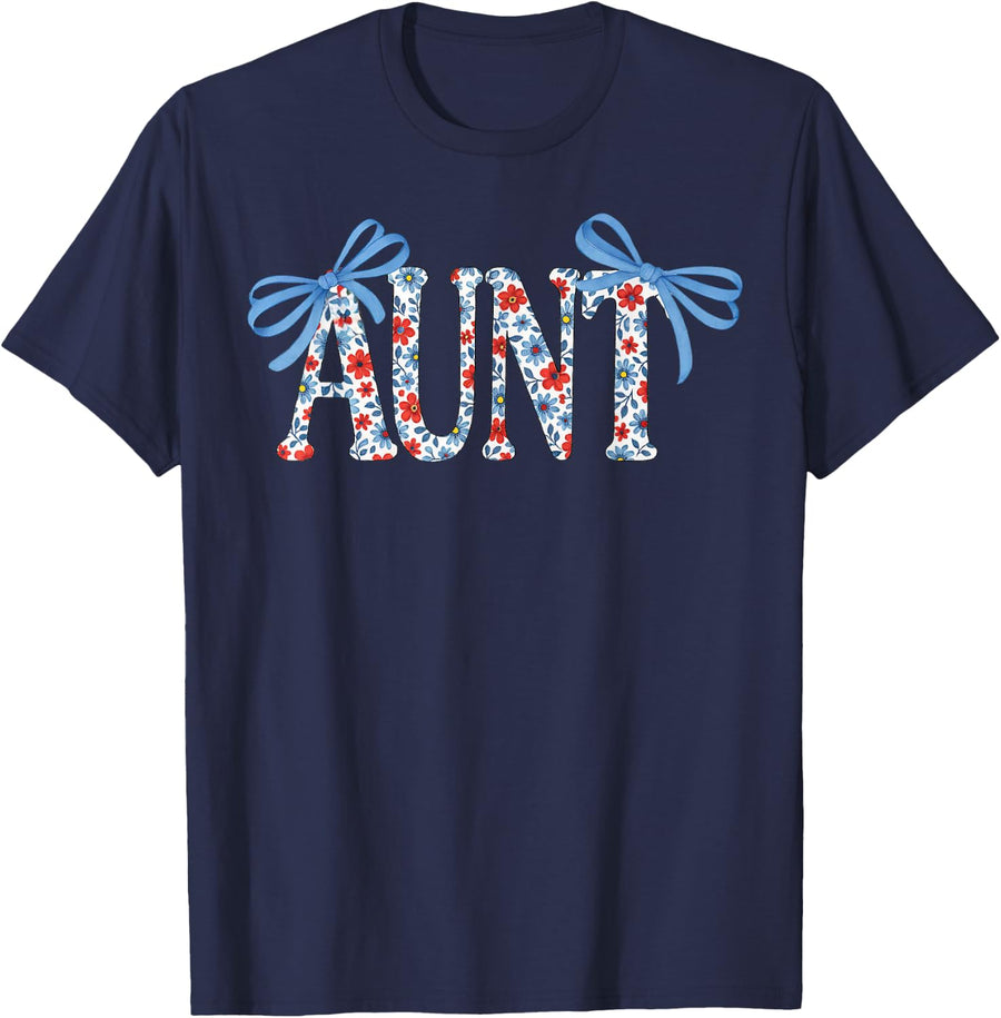 Floral Aunt Coquette Bow Patriotic Auntie Women 4th of July T-Shirt - Navy Blue