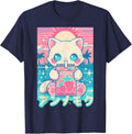 Cat Strawberry Milk Anime 90s Japanese Cat Japan T-Shirt - Navy Blue