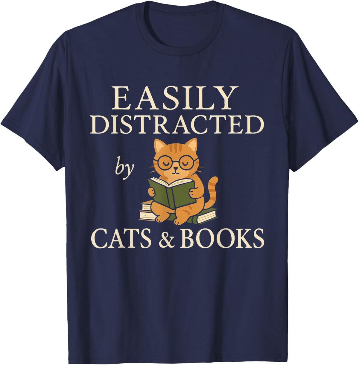 Easily Distracted by Cats and Books Cute Cat Reading Reader T-Shirt - Navy Blue