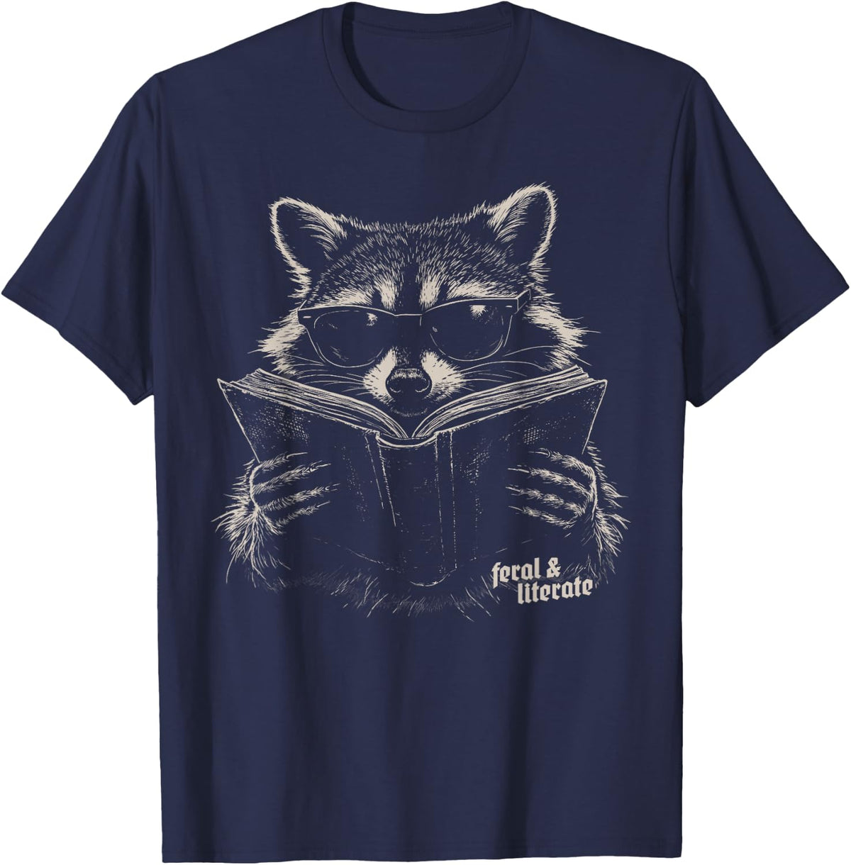 Feral But Literate Raccoon Reading Book Library Animal Meme T-Shirt - Navy Blue