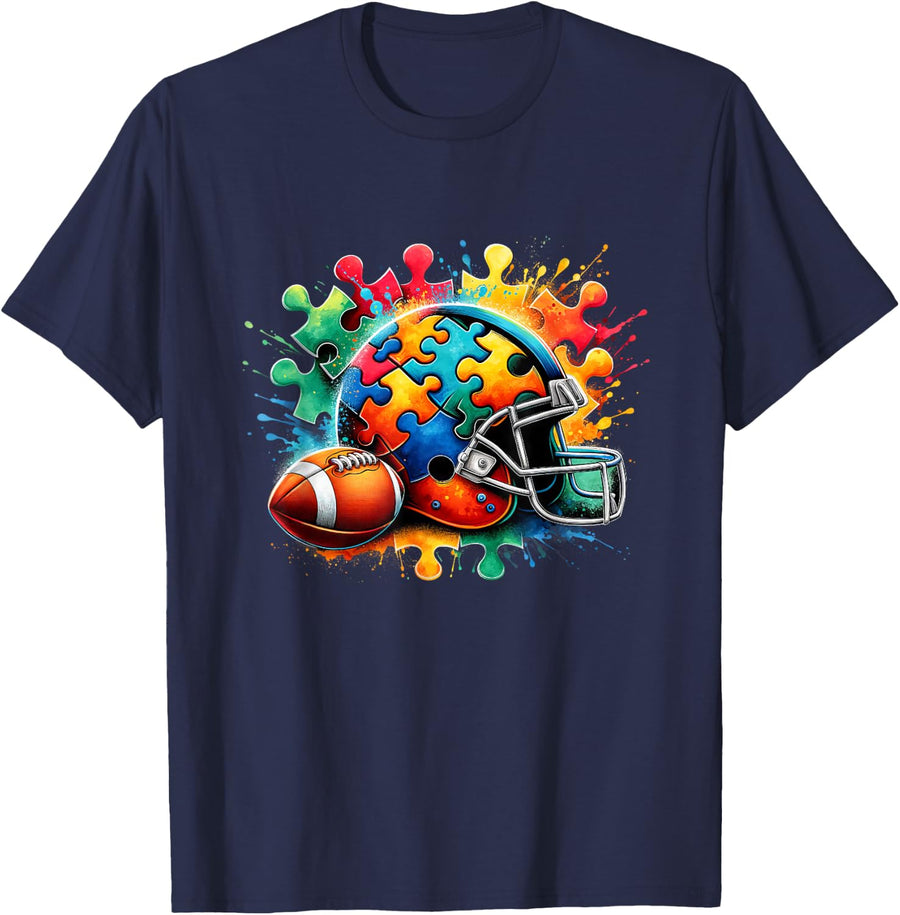 Football Autism Awareness Colorful Rainbow T-Shirt - Navy Blue