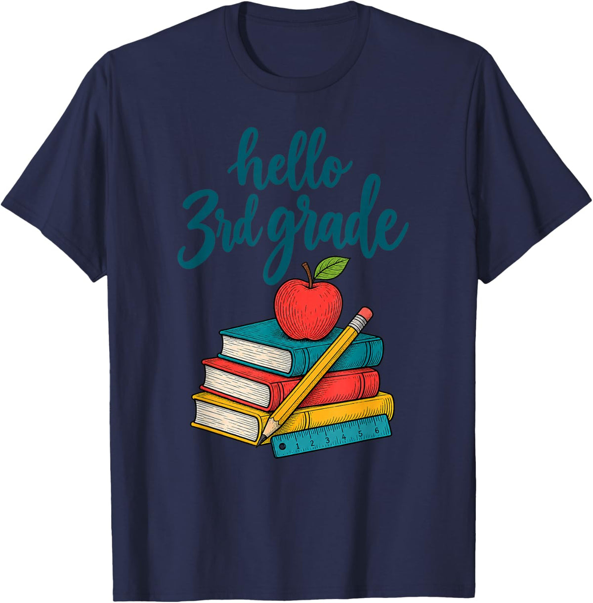 Hello 3RD Grade Teacher Apple Books Pencil T-Shirt - Navy Blue
