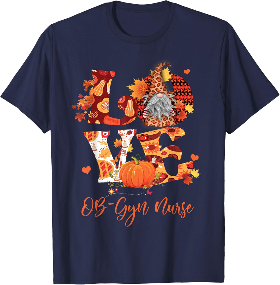 Fall Leopard Love OB-GYN Nurse Thanksgiving Gnome T-Shirt - Navy Blue