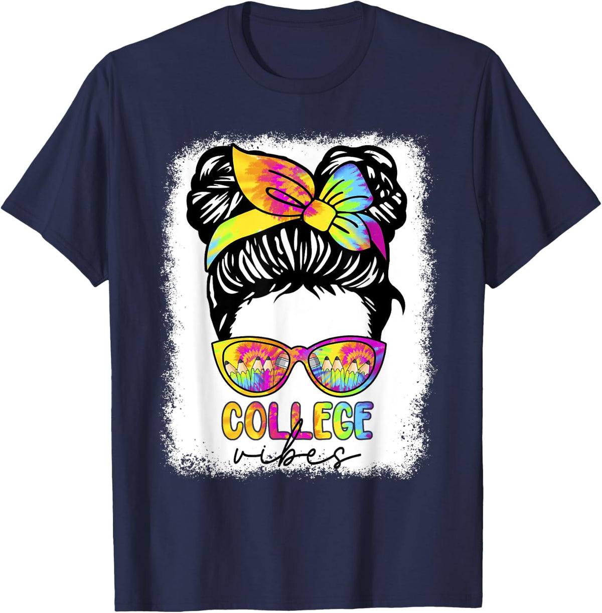 College Vibes Messy Hair Bun Girl Back To School Tees T-Shirt - Navy Blue