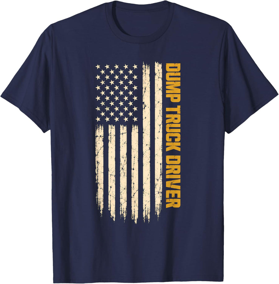 Dump Truck Driver American Flag Distressed T-Shirt - Navy Blue