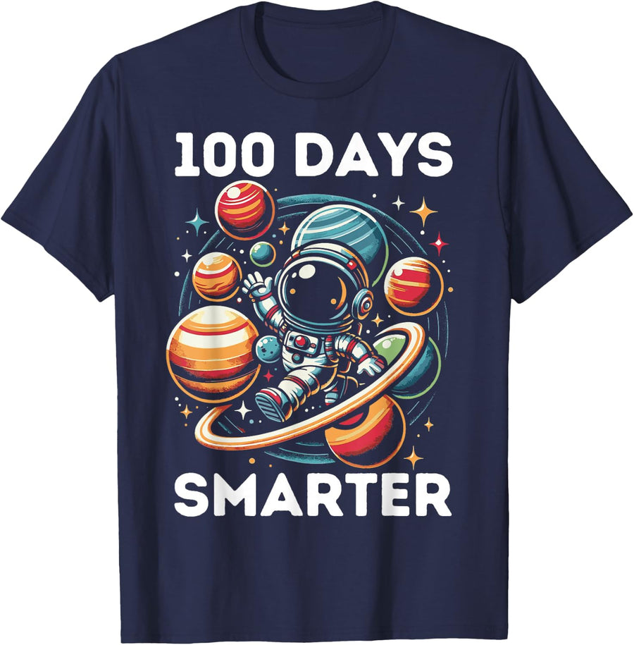 100 Days Smarter Kids 100 Days of School Astronaut Space T-Shirt Tee Boys Girls - Navy Blue