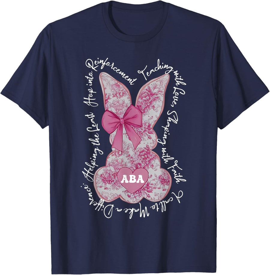 Coquette Pink Floral Bunny ABA Therapist RBT Happy Easter T-Shirt - Navy Blue