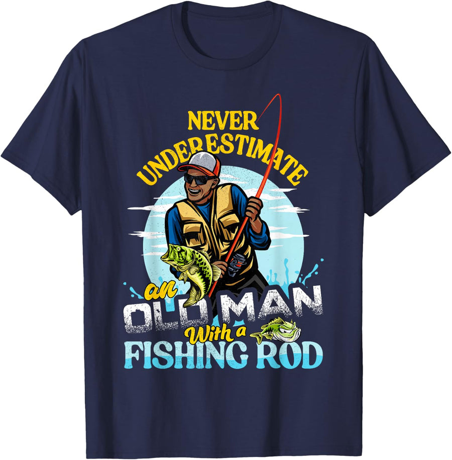 BIPOC Bass Fishing Birthday Tee Never Underestimate Old Man T-Shirt - Navy Blue