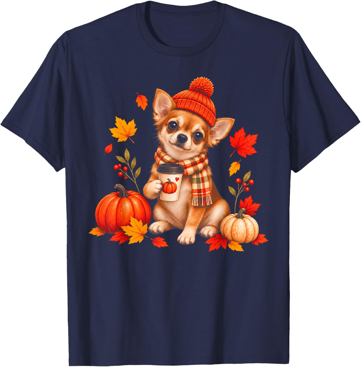 Chihuahua Dog Pumpkin Coffee Fall Autumn Leaves Thanksgiving T-Shirt - Navy Blue
