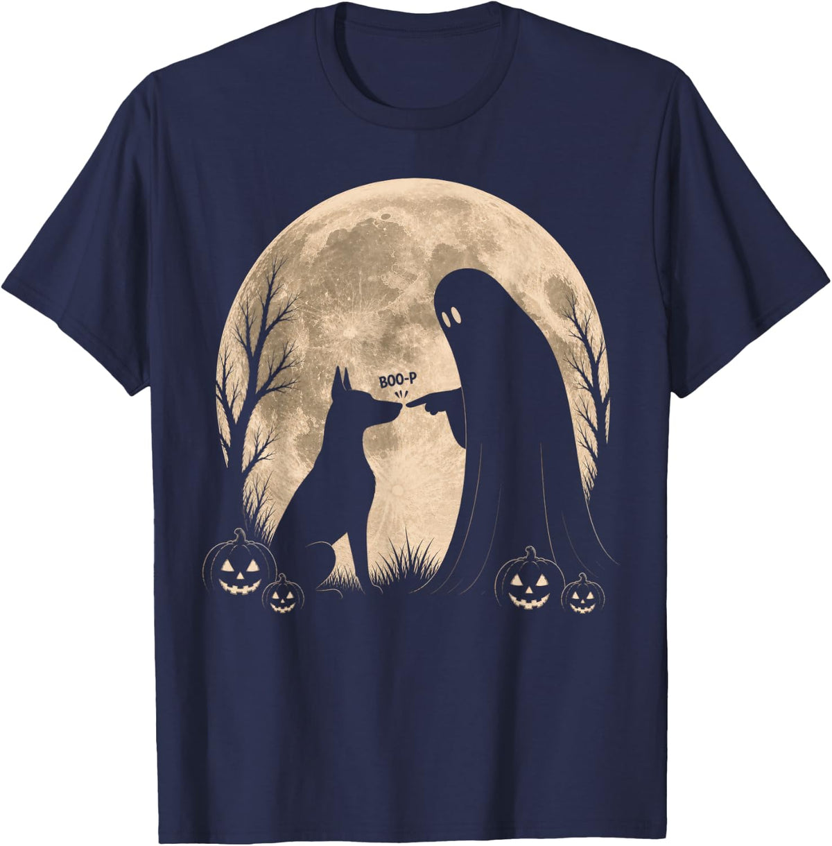 Retro Doberman Pinscher Dog Boop Ghost Halloween Moon T-Shirt - Navy Blue