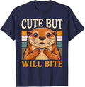 Otter Cute But Will Bite Wildlife Humor T-Shirt - Navy Blue