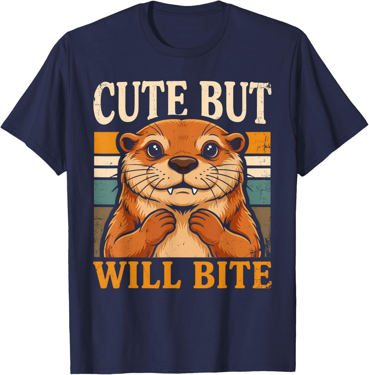 Otter Cute But Will Bite Wildlife Humor T-Shirt - Navy Blue