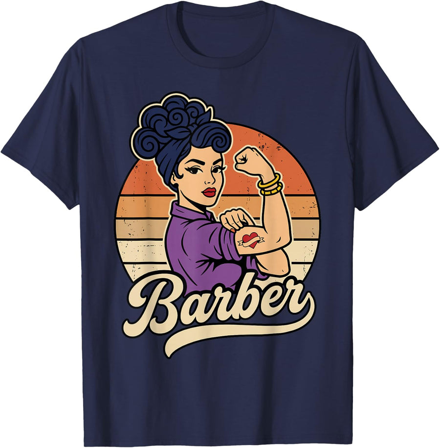 Barber Woman Female Hair Stylist Vintage Barber Shop Tee T-Shirt - Navy Blue
