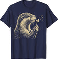 Otterly Wishful Cute Otter Dandelion Flower Design T-Shirt - Navy Blue