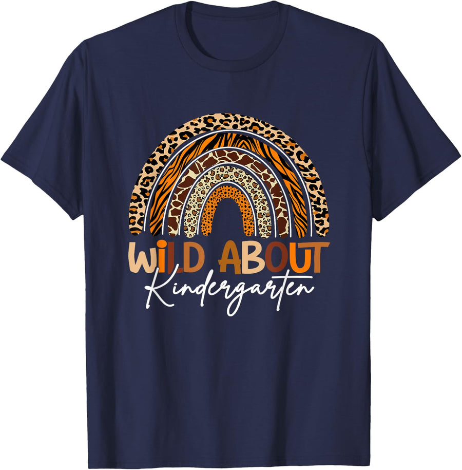 Back to School Wild About Kindergarten Leopard Rainbow Tee T-Shirt for Kids - Navy Blue